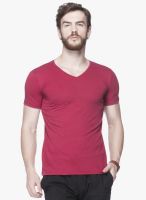 Tinted Maroon Solid V Neck T-Shirt