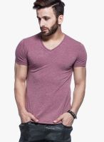 Tinted Maroon Solid V Neck T-Shirts