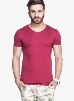 Tinted Maroon Solid V Neck T-Shirts