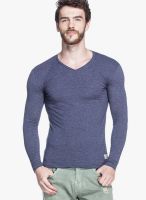 Tinted Navy Blue Solid V Neck T-Shirts
