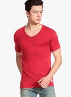 Tinted Red Solid V Neck T-Shirts