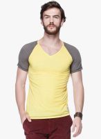 Tinted Yellow Solid V Neck T-Shirt