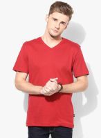 Uni Style Image Red Solid V Neck T-Shirt