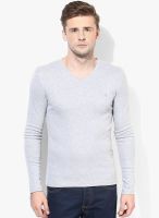 United Colors of Benetton Grey Melange Solid V Neck T-Shirt