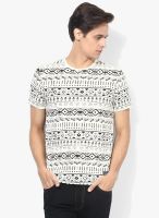 V Dot Off White Printed Round Neck T-Shirt