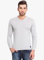 Western Vivid Grey Milange Solid V Neck T-Shirt