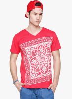 Yepme Red Printed V Neck T-Shirt