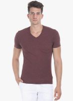 Zobello Maroon Solid V Neck T-Shirt