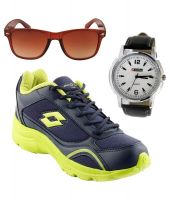 Lotto Navy and Green Sports Shoes With Wrist Watch and FastFox Wayfarer Sunglasses Combo