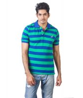 American Crew Green & Blue Half Sleeves Stripe Polo T-Shirt
